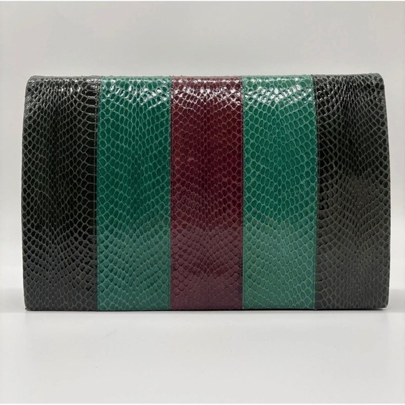 Yves Saint Laurent Handbags - Vintage YSL Yves Saint Laurent Snakeskin Stripe Clutch Bag Green Burgundy 1970s